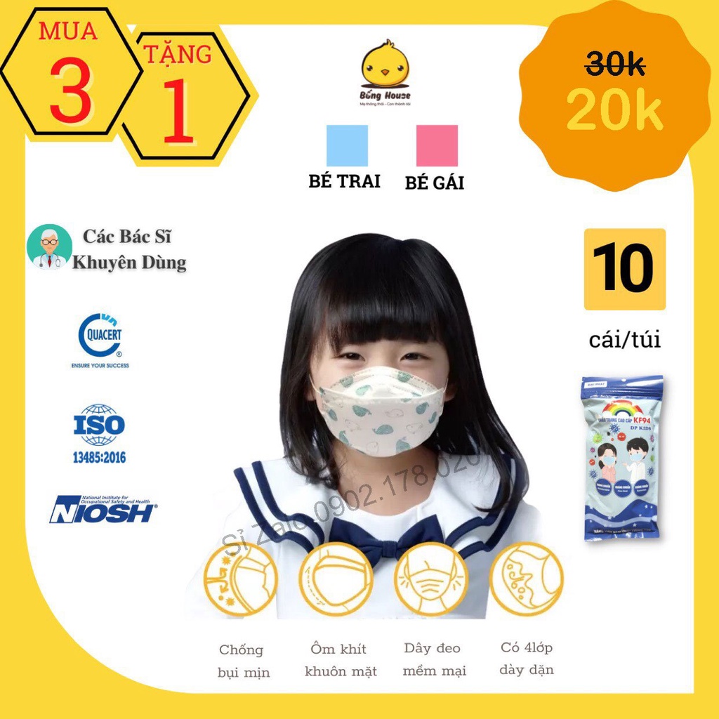 Khẩu trang trẻ em KF94 KIDS- 4 lớp kháng khuẩn- Bé từ 1 đến 12 tuổi - Công nghệ Hàn Quốc