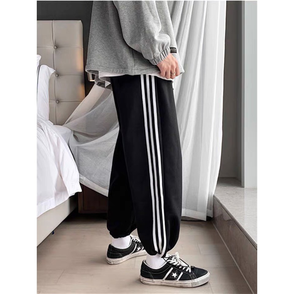 Quần Ống Rộng 3 Sọc Unisex Phối Dây Rút Thương Hiệu BACA Chất Vải Thun Cotton US306
