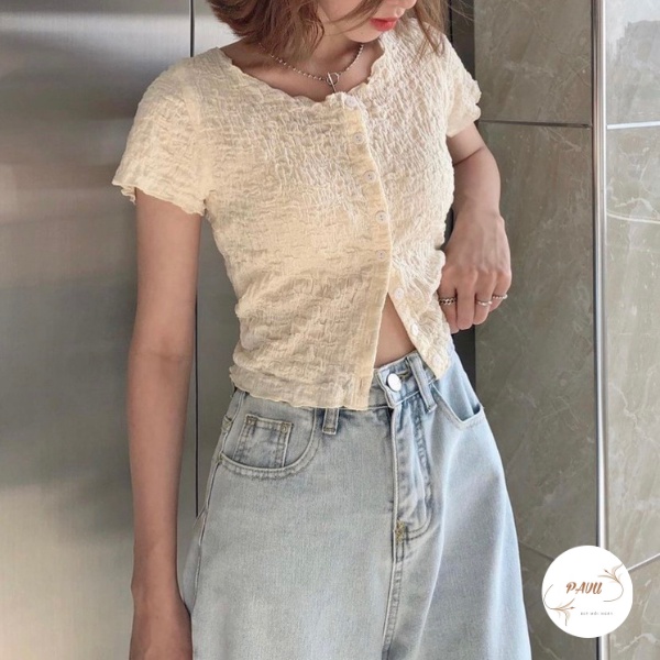 Áo cộc tay nữ phối cúc chất xốp nhăn, Áo thun nữ dáng ôm body tay ngắn chất co giãn cực mát,xinh xắn | BigBuy360 - bigbuy360.vn