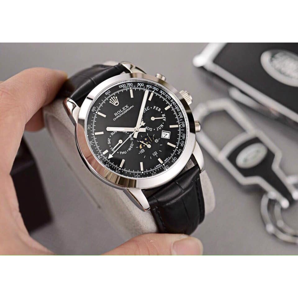 Đồng hồ Nam Rolex cơ tự động 6kim trăng sao size 40-41 dây da có thứ ngày mặt đen vỏ trắng