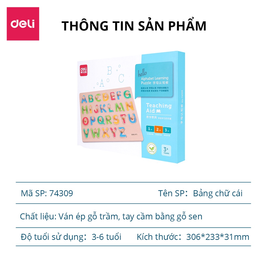 Bảng chữ cái Deli - Ván ép gỗ trầm cho trẻ từ 3 đến 6 tuổi, từ A tới Z, đã được kiểm định để bé làm quen với chữ cái