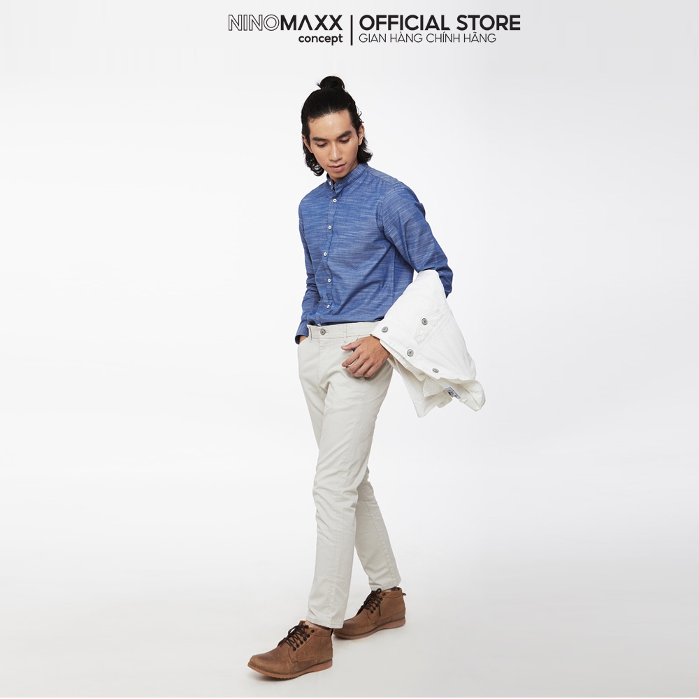 Ninomaxx Áo Sơ Mi Nam cổ tàu dài tay màu xanh 100% cotton dáng regular fit 1905192