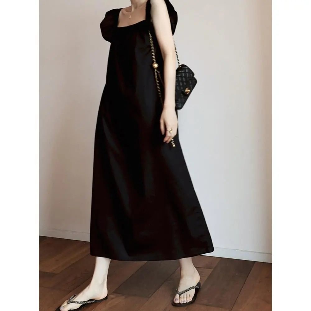 Đầm Không Tay Cổ Vuông Màu Đen Dáng Rộng Phong Cách Thời Trang Mùa Hè Pháp 2022