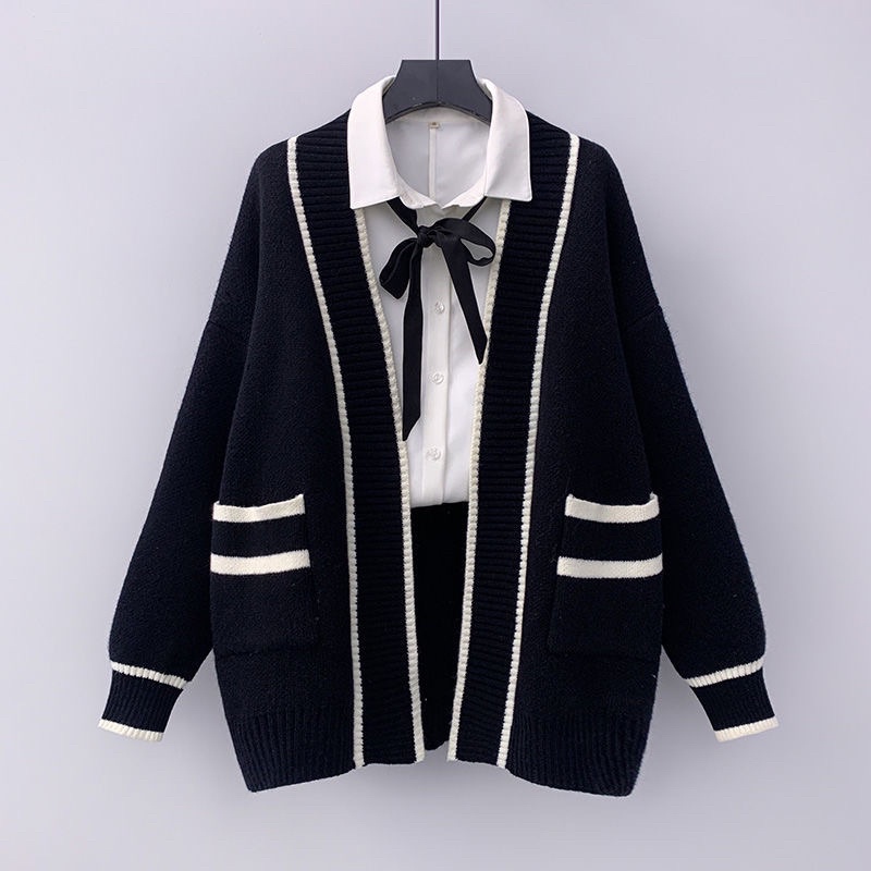 Áo khoác Cardigan tay dài phối túi thiết kế dáng rộng nữ 2021