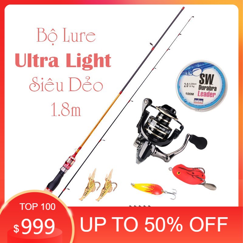 (Giảm 50%) Bộ cần câu lure siêu dẻo ultralight cần câu ul + máy Deukio kim loại + sét phụ kiện câu lure B-UL5