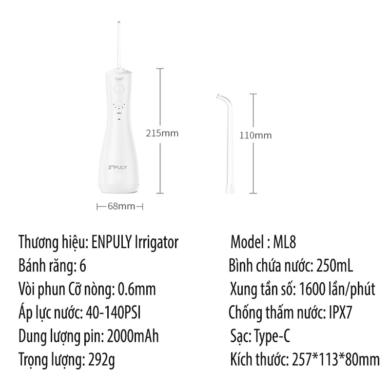 Máy Tăm Nước Xiaomi Enpuly ML8 mini pin 30 ngày, Dung tích lớn 250ML, chống nước IPX7, áp suất nước 140PSI, 2 vòi VT168