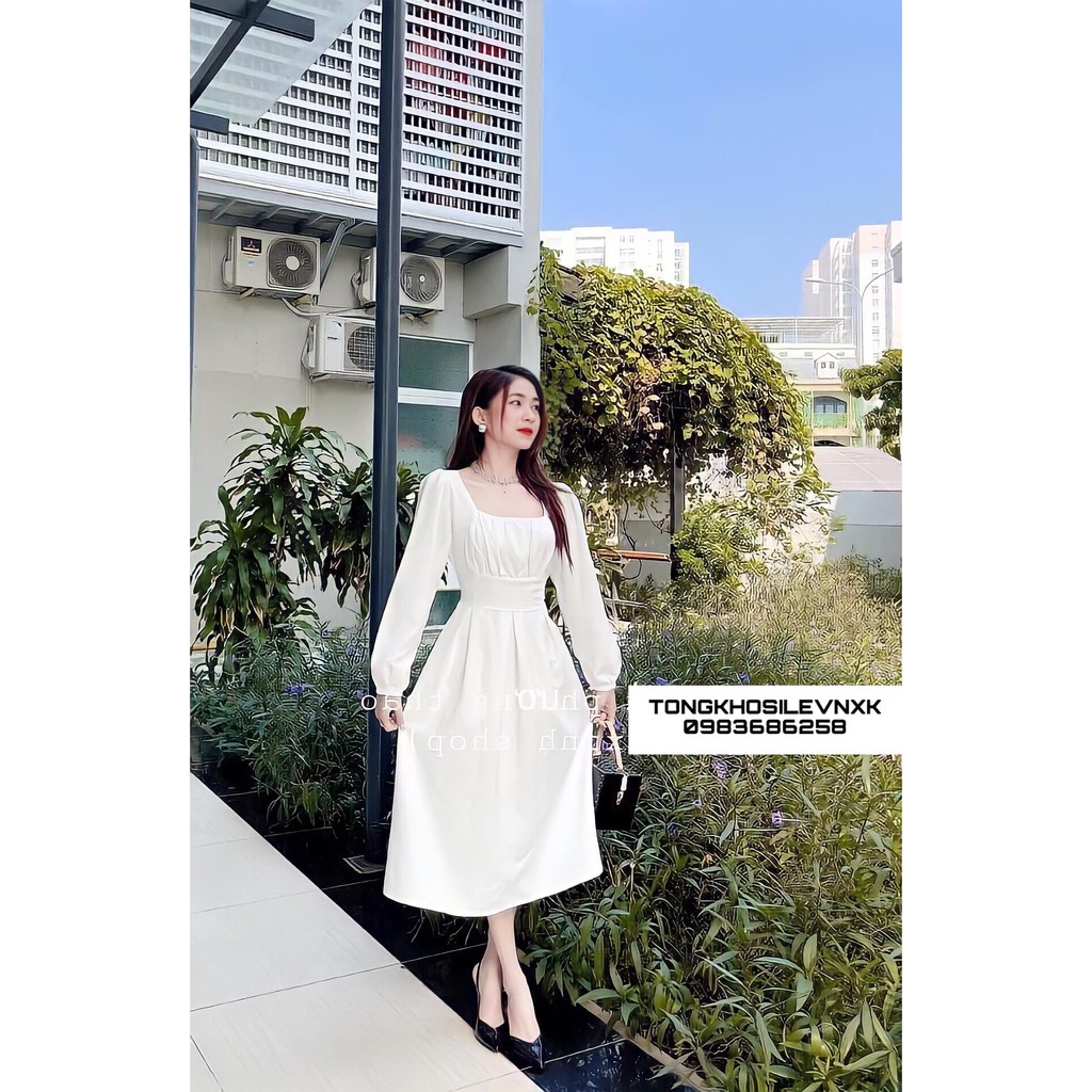 Váy Cổ Vuông Thắt Nơ Eo Dài Tay Màu Trắng - Đầm Nữ Cổ Vuông Nơ Lưng Tay Chun Dúm Ngực