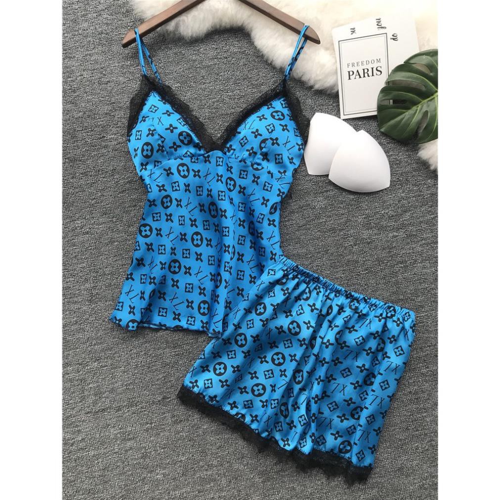 Bộ ngủ đùi satin hoạ tiết LV
