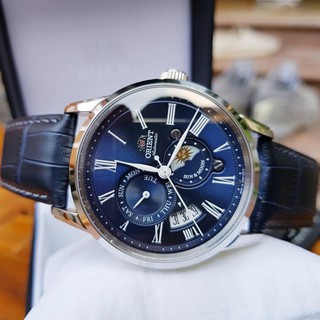 ĐỒNG HỒ NAM MẶT XANH DƯƠNG DÂY DA XANH DƯƠNG ORIENT SUN MOON GEN 3 SAK00005D0