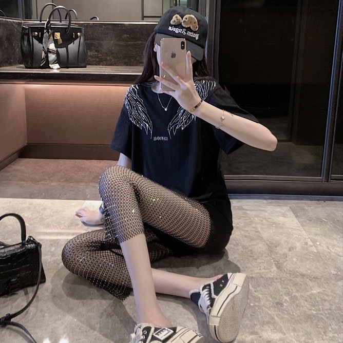 Jiashucheng Áo Thun Tay Ngắn Màu Đen In Hình Đôi Cánh Đính Đá Phong Cách Đường Phố Châu Âu Thời Trang Xuân Hè Cho Nữ