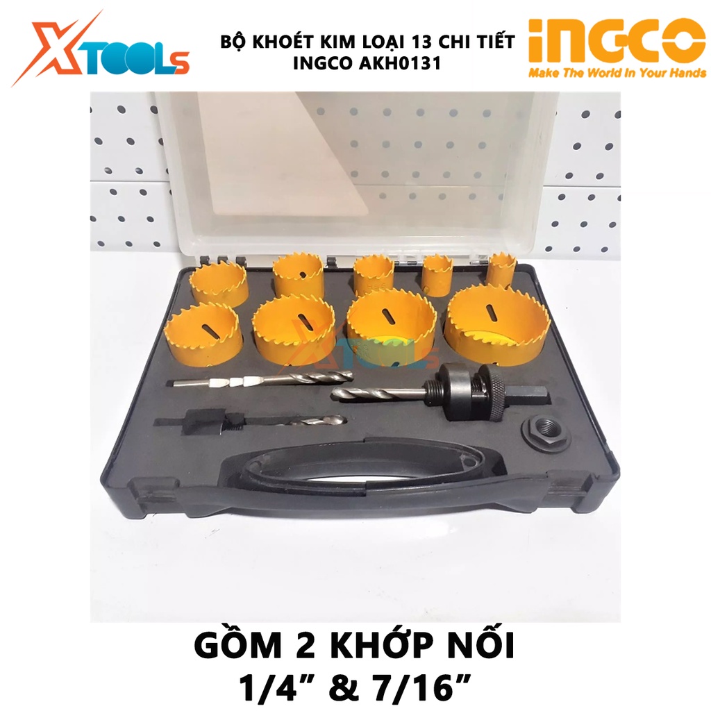 Bộ mũi khoét kim loại 13 chi tiết INGCO AKH0131 Bộ mũi khoét kim loại 2 khớp nối (1/4&quot; và 7/16&quot;) và 1 mũi định tâm 10 mũ