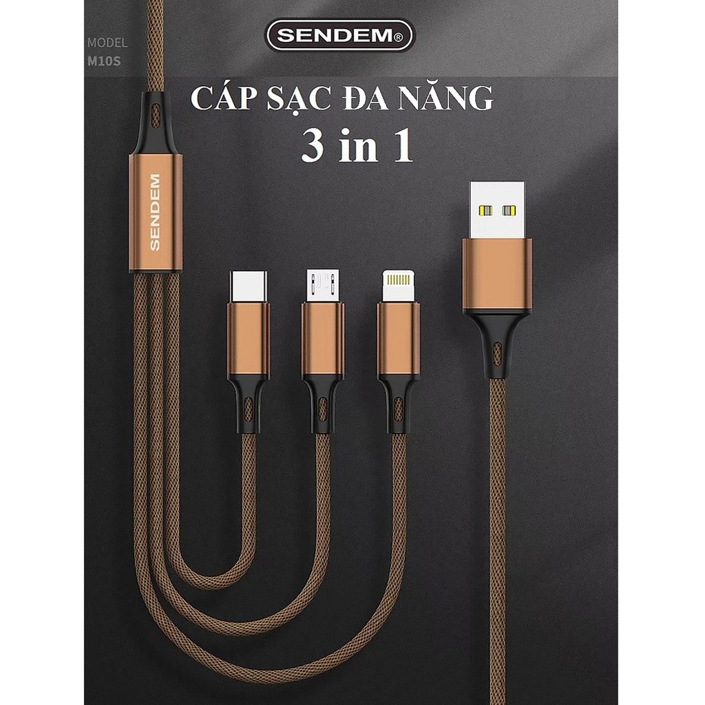 Cáp sạc 3 đầu M10s chính hãng SENDEM - Dây sạc 3 chân iPhone, Micro, Type C siêu bền - Bảo hành 12 tháng