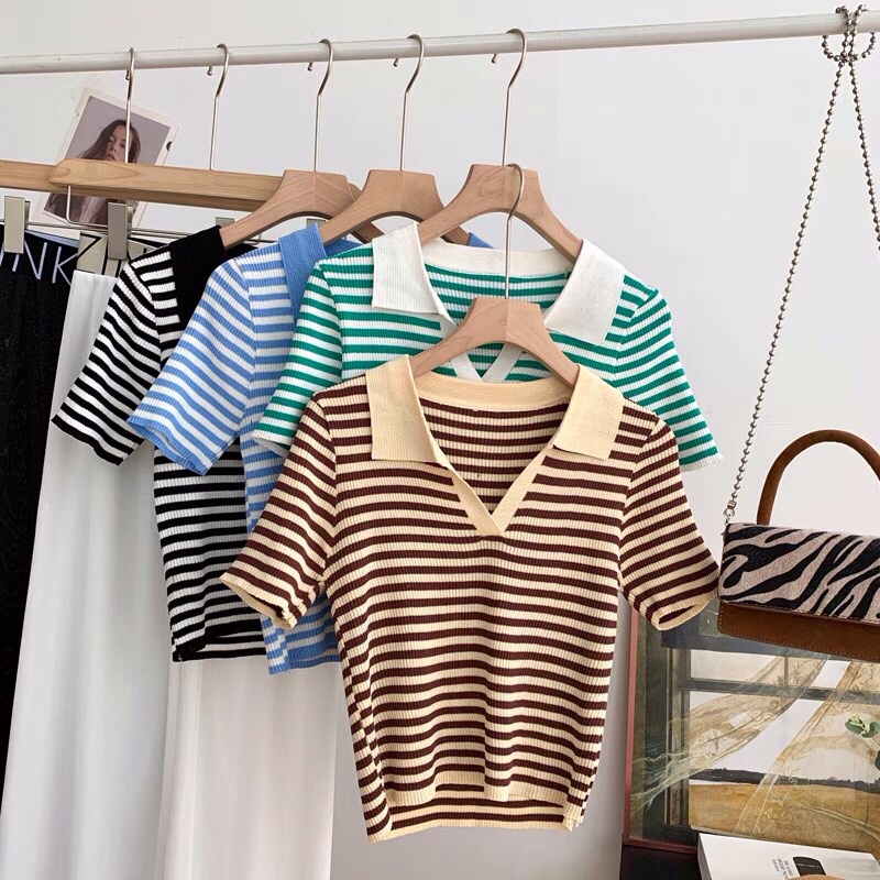 áo len dệt kim sọc kẻ ngang dáng croptop