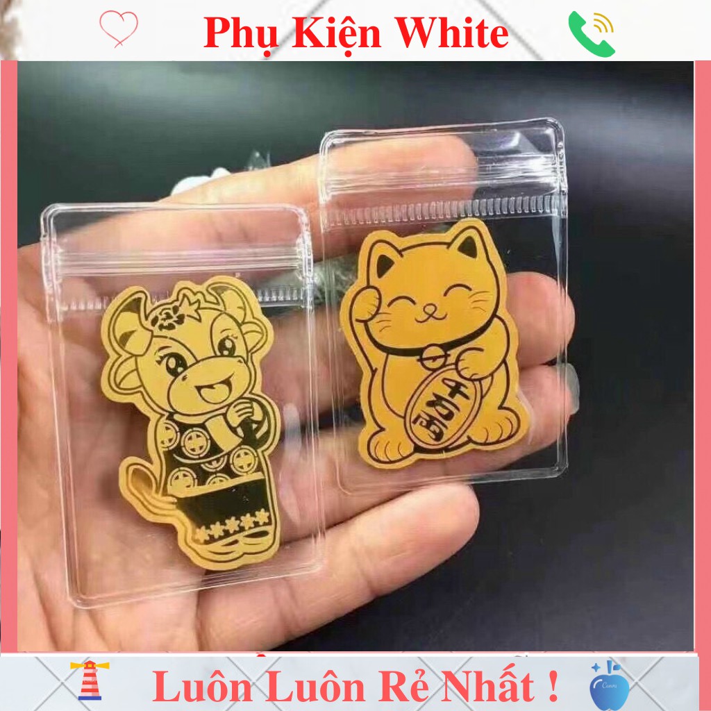 Miếng Dán Lá Vàng Mèo Thần Tài và Trâu Vàng Để Trong Ốp Điện Thoại Ví Tiền Mang Tài Lộc