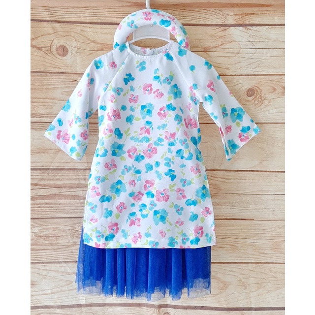 10-38kg Set áo dài xanh bích váy tutu kèm mấn cho bé gái