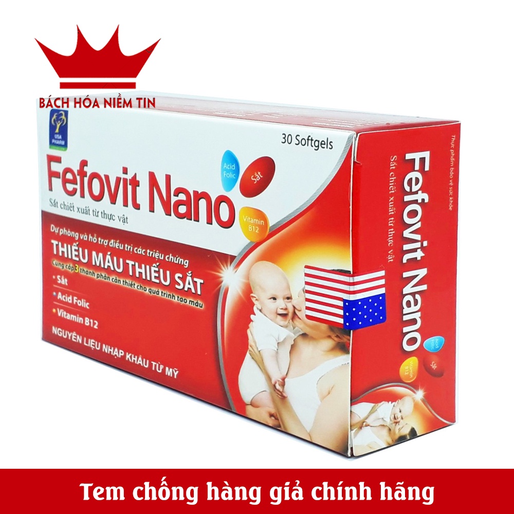 Viên uống Bổ máu Fefovit Nano bổ sung Sắt, Acid Folic cho người thiếu máu, phụ nữ mang thai và cho con bú - Hộp 30 viên