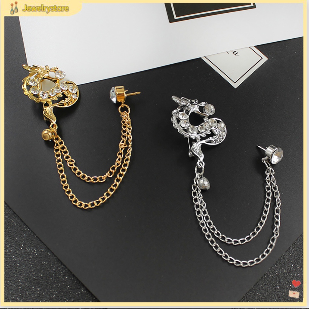 Ghim cài áo hình rồng đính đá phối dây xích phong cách Trung Hoa