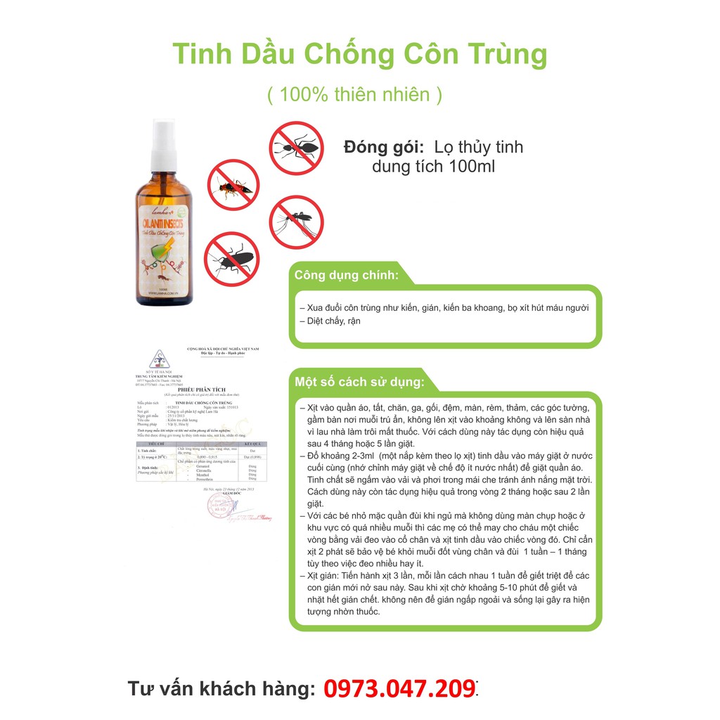 Tinh dầu chống côn trùng thiên nhiên Lamha chai 100ml