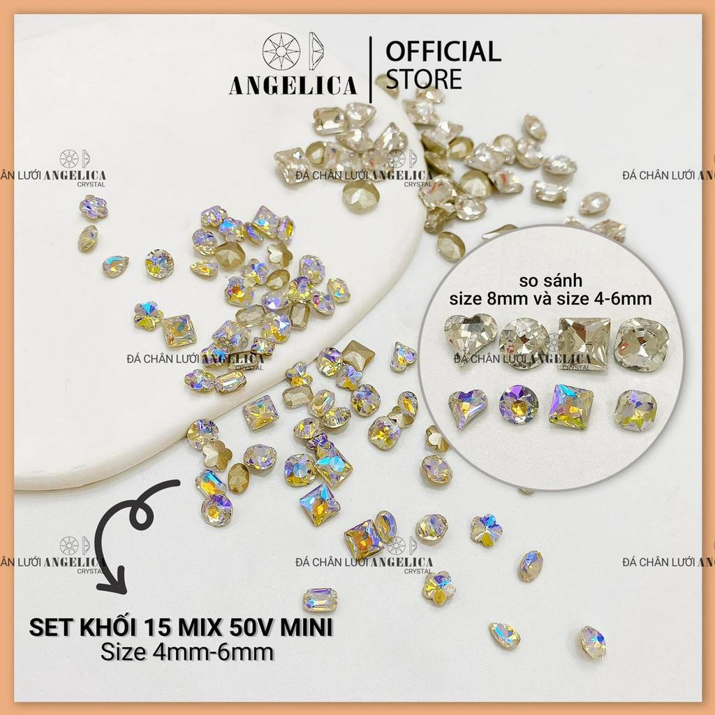 Set đá khối chân nhọn 50 viên mini mix size màu trắng, trà, 7 màu, ab ánh xanh, phụ kiện ngành nail