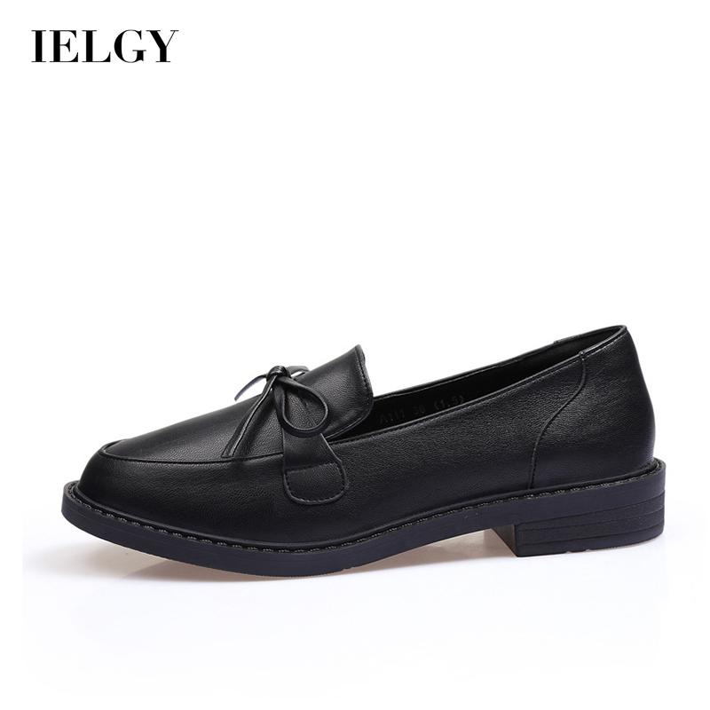 Giày Da IELGY Mũi Tròn Gót Dày Đính Nơ Cổ Thấp Màu Đen Thời Trang Cho Nữ