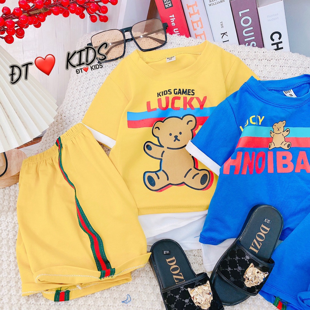 Bộ cộc tay thể thao bé trai, Sét quần áo Hàn quốc hình gấu Lucky vạt trắng khỏe khoắn cho bé trai