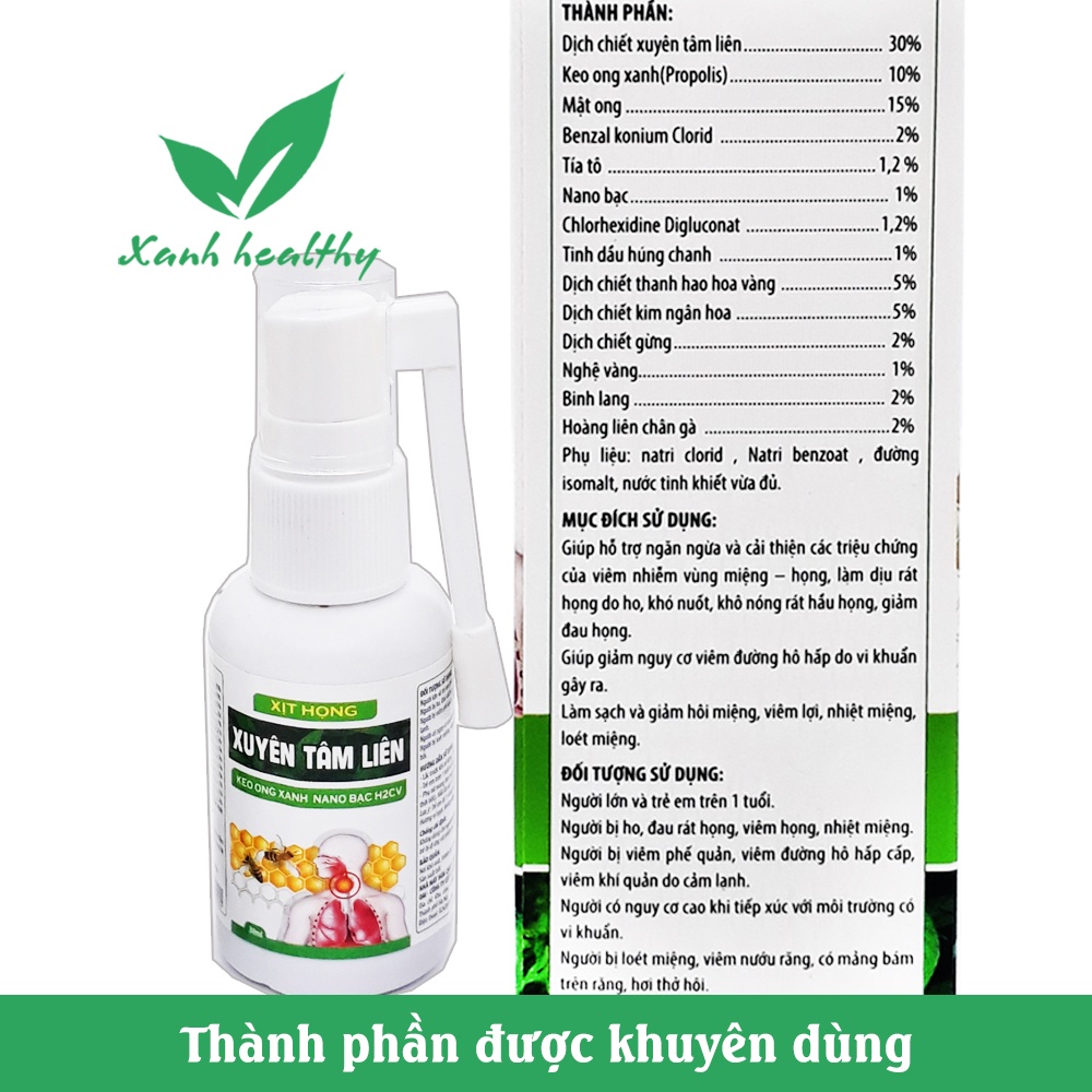 Xịt họng keo ong, xuyên tâm liên, húng chanh, kim ngân hoa giúp làm sạch răng miệng, kháng khuẩn,, virus, khử mùi hôi