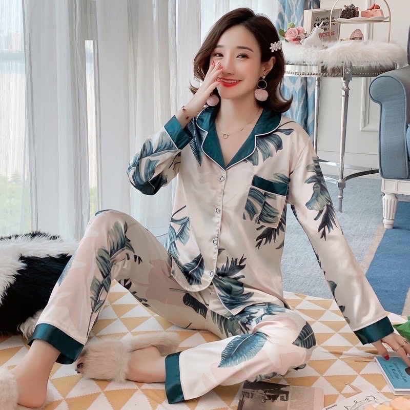Bộ Pizama mặc ngủ mặc nhà phi lụa họa tiết lá trái cây nhiều màu