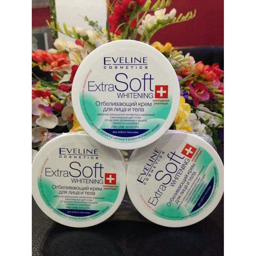 Kem dưỡng ẩm Eveline Extra Soft Whitening trắng da toàn thân giảm nếp nhăn chống lão hoá [𝐓𝐚̣̆𝐧𝐠 𝐦𝐚́𝐲 𝐦𝐚𝐬𝐬𝐚𝐠𝐞𝐫 𝐦𝐚̣̆𝐭]