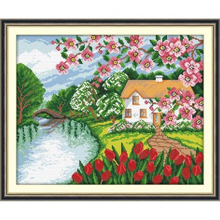 Tranh Thêu Chữ Thập (THÊU TOÀN BỘ) Nhà Tranh Ven Sông RY2198 (KHÁCH TỰ THÊU) KT:54X45CM