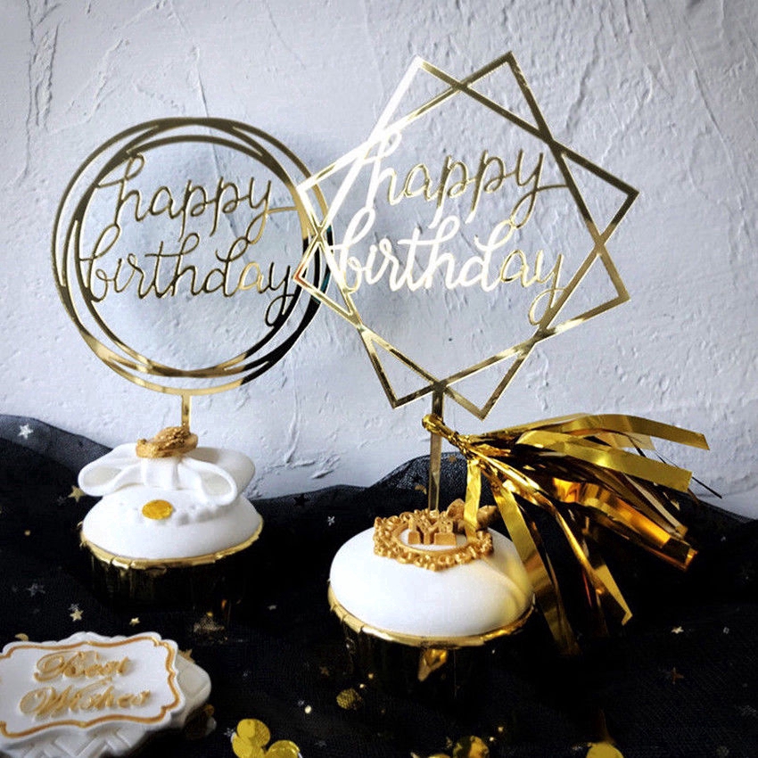 Phụ Kiện Trang Trí Bánh Kem Bằng Acrylic Tráng Gương Hình Chữ Happy Birthday