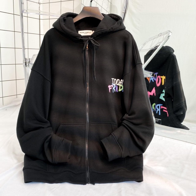 Áo Khoác Hoodie Nỉ Bông Unisex TODAY màu ĐEN/TRẮNG  Nam nữ unisex/Áo hoodie zip dây kéo có mũ form rộng Jaystoree