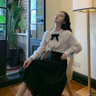 Autumn new retro ladies skirt suit white shirt + black skirt French elegant two-piece suit