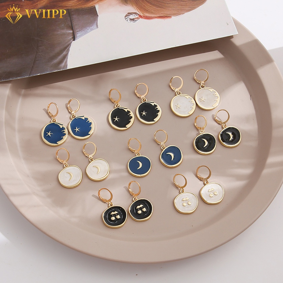 Bông tai hình tròn phối mặt trăng ngôi sao thời trang cho nữ