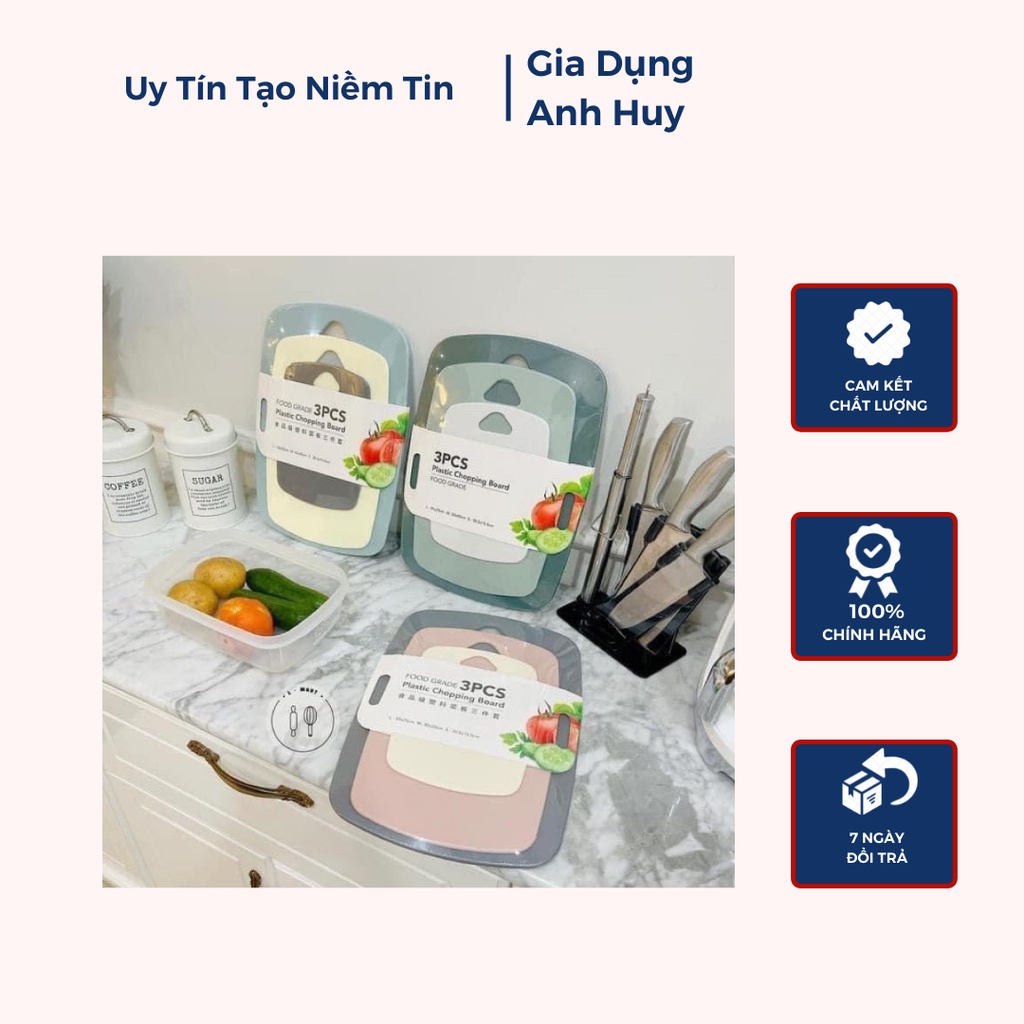 Set 3 Thớt Nhựa Kháng Khuẩn Chống Trơn Trượt Nhiều màu Hàng Cao Cấp