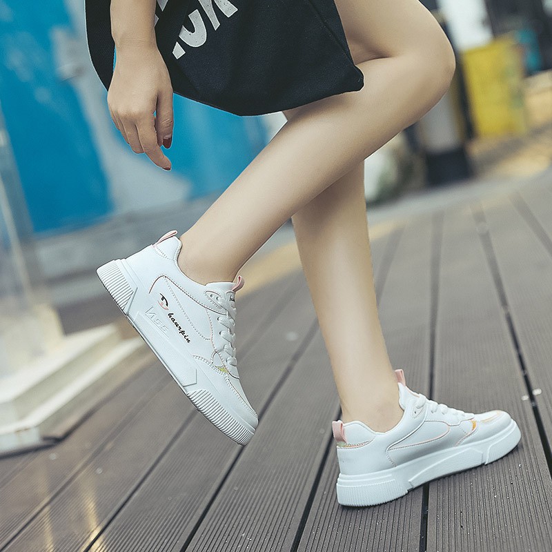 Giày Sneaker Nữ Trắng Cao Cấp Dáng Thể Thao Cá Tính Đế Độn 3.5cm Da Pu Mềm Đẹp Phong Cách Thời Trang Hàn Quốc Dễ Thương