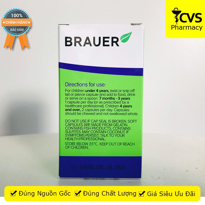 Viên nhai bổ sung DHA Brauer Baby Kids Ultra Pure DHA cho bé từ 7 tháng chai 60 viên