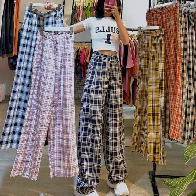 Quần kẻ khóa ống rộng siêu hot | BigBuy360 - bigbuy360.vn