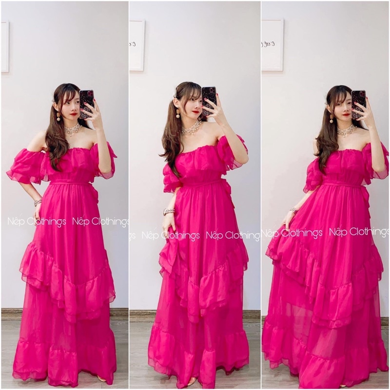 đầm maxi bẹt vai bèo tầng