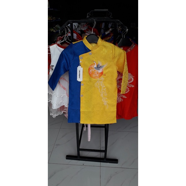 Áo dài cách tân bé trai 9-35kg vải gấm, đũi