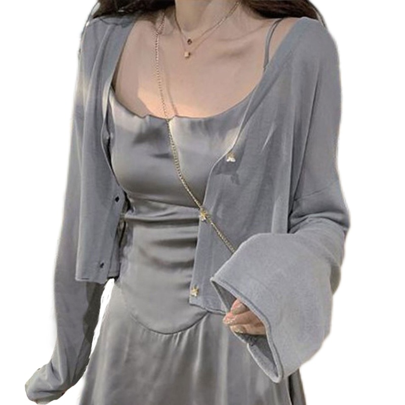 Áo Khoác Cardigan Dệt Kim Tay Dài Cổ Chữ V Cài Nút Màu Trơn Thời Trang Mùa Hè Xinh Xắn Cho Nữ