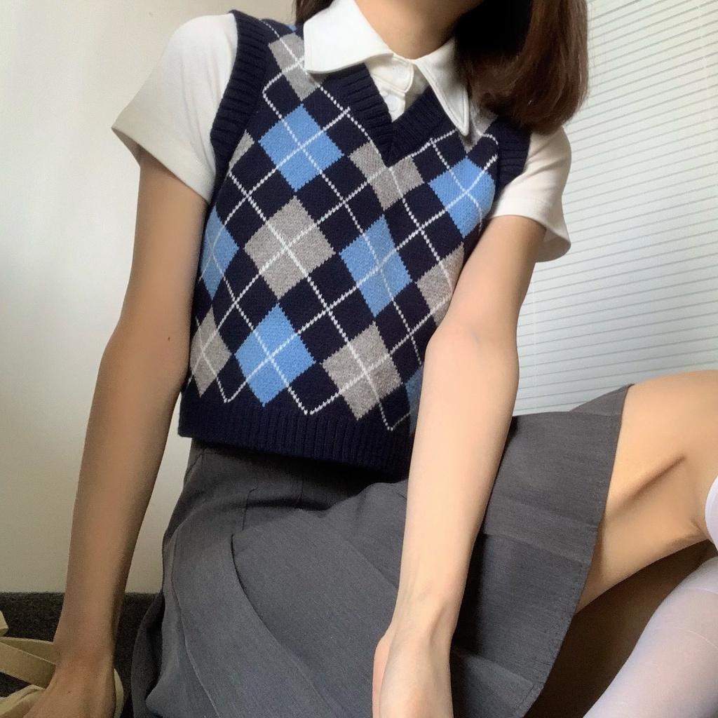 Áo Vest Xiaozhainv Kẻ Sọc Caro Thời Trang Cho Nữ Áo Dệt Kim Không Tay Cổ Chữ V | BigBuy360 - bigbuy360.vn