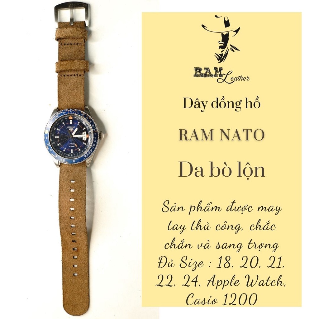 Dây đồng hồ RAM Leather vintage Nato straps da bò lộn nâu