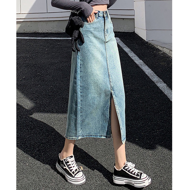 Váy Denim Cổ Điển 165048 Chân Váy Dài Qua Gối Xẻ Tà Thời Trang Cho Nữ