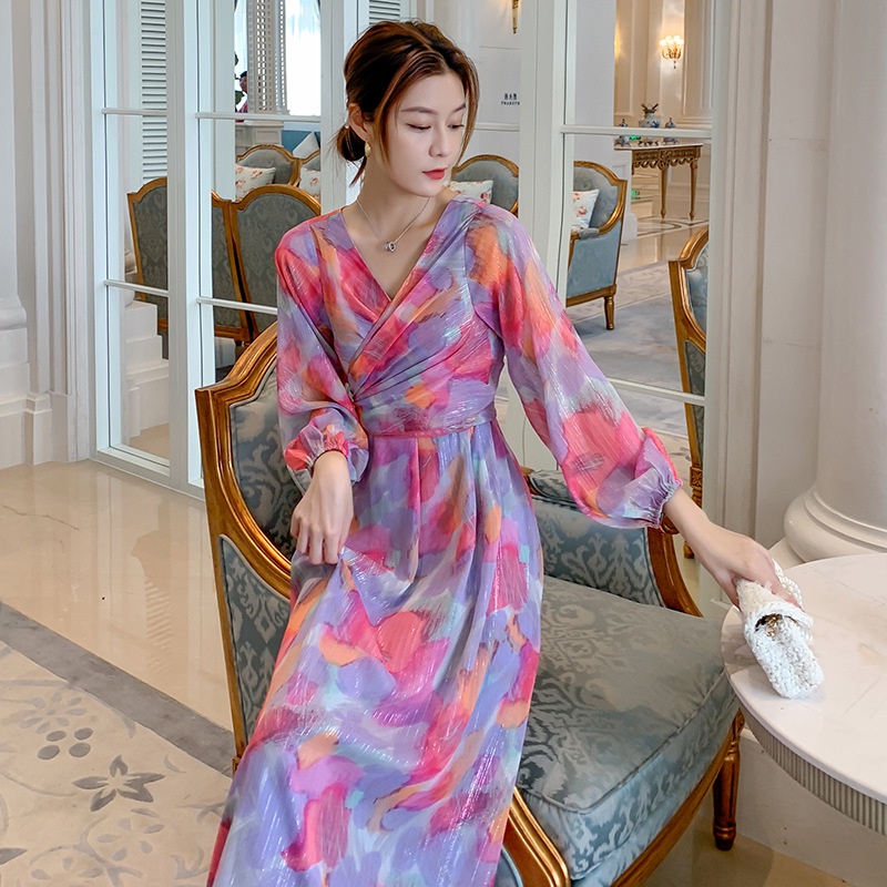 IELGYĐầm Voan Chữ A Tay Dài Nhấn Eo Cổ Chữ V In Họa Tiết Thời Trang Kiểu Pháp Cho Nữ