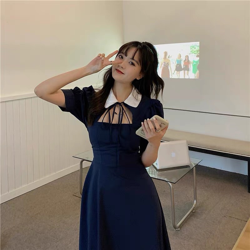 Váy phối cổ cut out bèo vai thắt dây cổ xinh vintage đủ size S M L Huyen hip