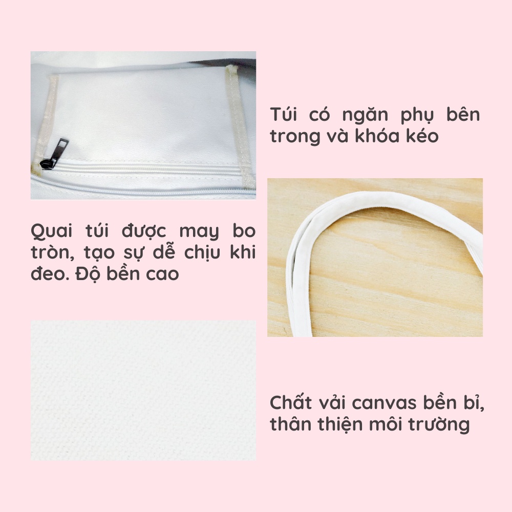 Túi tote đeo vai vải canvas ulzzang có khóa kéo, ngăn phụ in chữ BM Hàn Quốc Sollle
