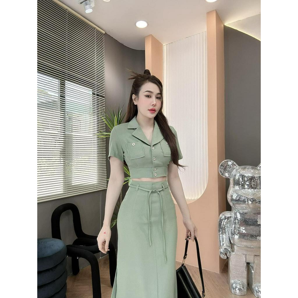 Set váy nữ công sở áo vest croptop mix chân váy form dài thanh lịch, sang chảnh