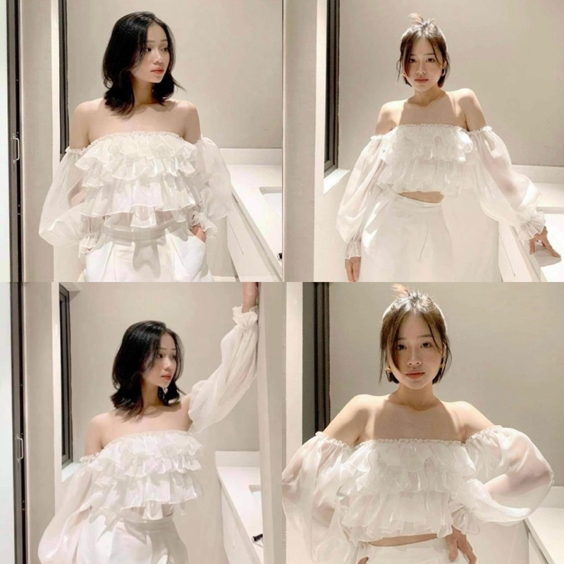 Áo Kiểu Tay dài JKAY TOP mặc được 2 kiểu phần lưng bo chun co giãn tôn v1 thiết kế xếp tầng