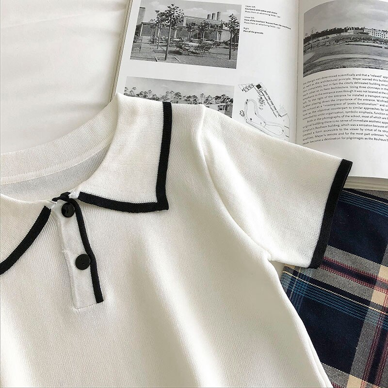 Lapel Knitted Women's T-shirt Korean Version Slim Fashion Short-sleeved Top | BigBuy360 - bigbuy360.vn