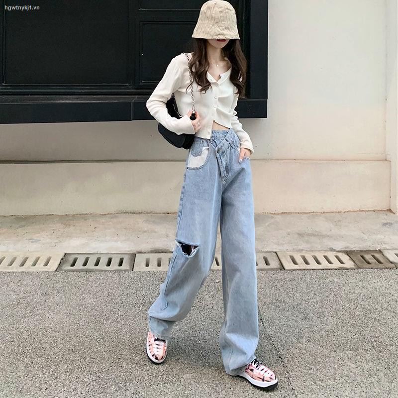 Quần Jeans Lưng Cao Ống Rộng Phong Cách Hàn Quốc 2021 Cho Nữ
